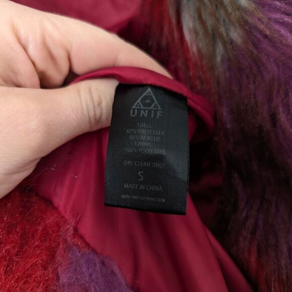 UNIF red purple tan aqua multicolor faux fur open front jacket coat - Picture 4 of 6